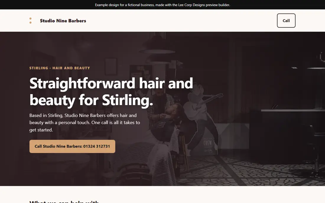Example homepage design for a fictional barber on a laptop