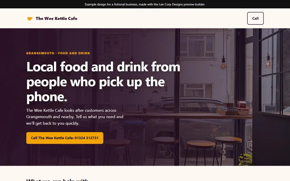 Example homepage design for a fictional café on a laptop